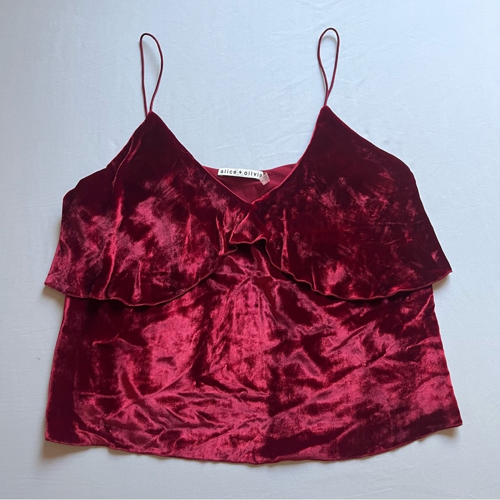 ALICE + OLIVIA red viscose silk velvet‎ ruffle cropped cami tank top